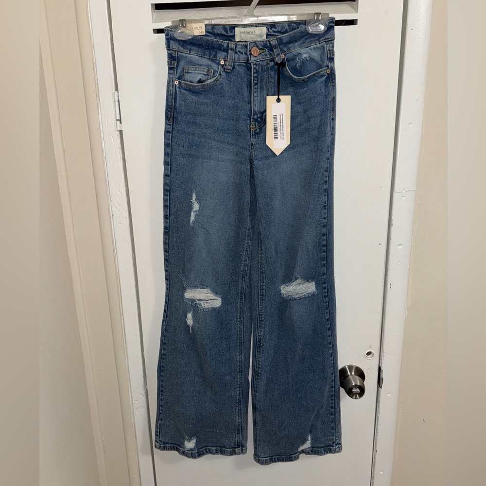 Stylish Blue Distressed Wide Leg Jeans